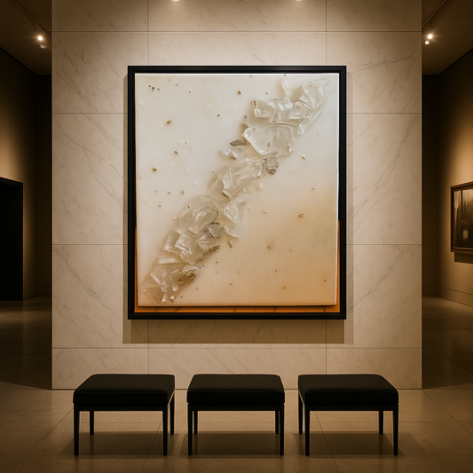Abstract painting with blue and gold on a wall in a room with white walls and a light-colored floor.