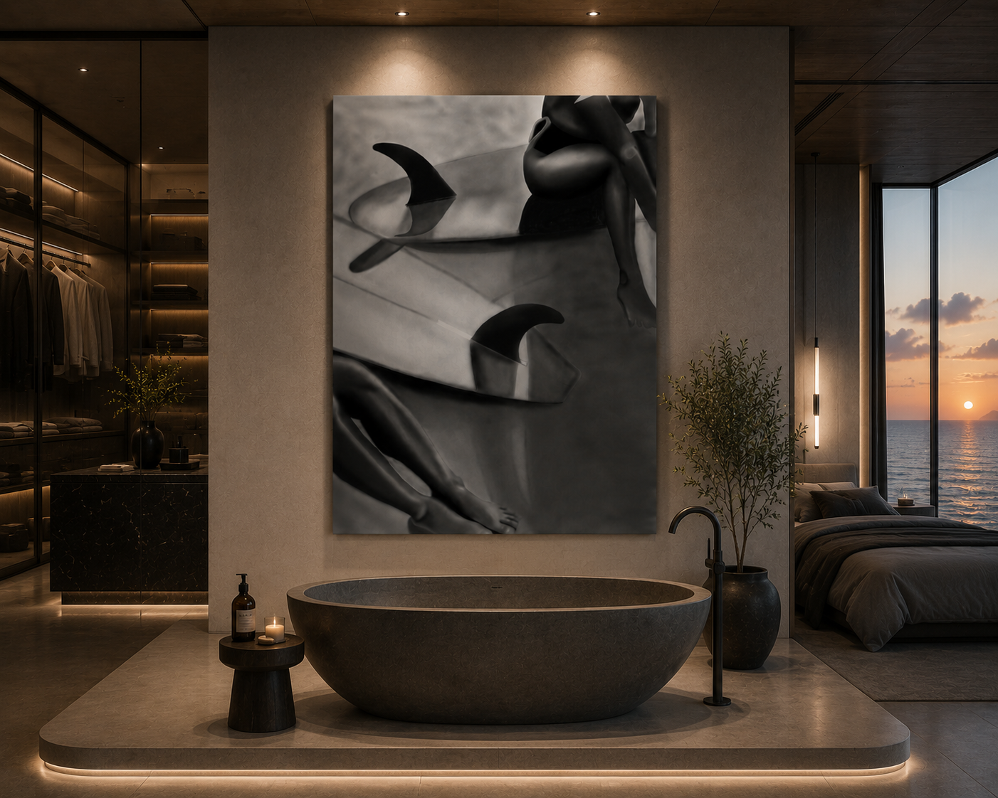 Tidal Veil — Black & White Coastal Figure Art