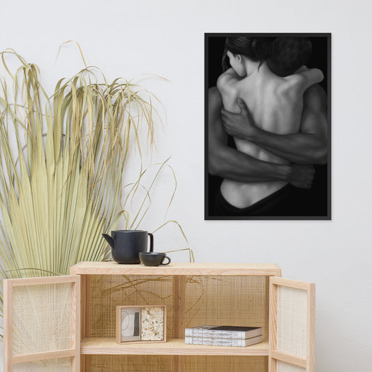 Monochrome luxury abstract print—Embrace in Grayscale, limited edition framed art.