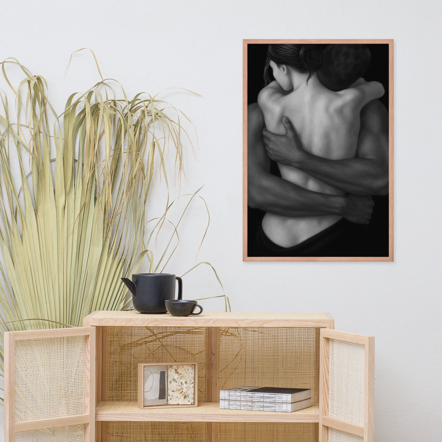 Monochrome luxury abstract print—Embrace in Grayscale, limited edition framed art.
