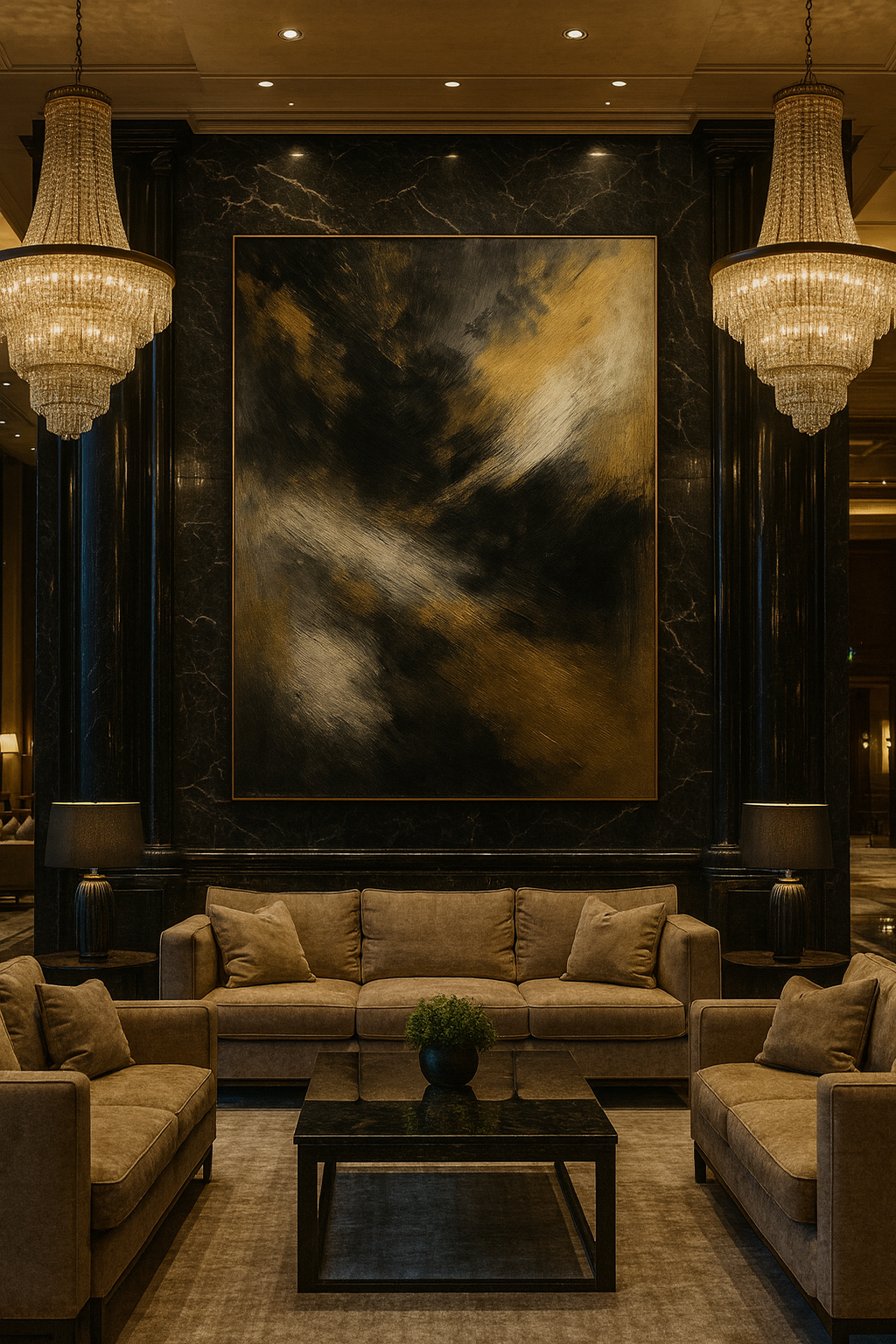 Luxurious interior with a large abstract painting, beige sofa, and chandeliers.