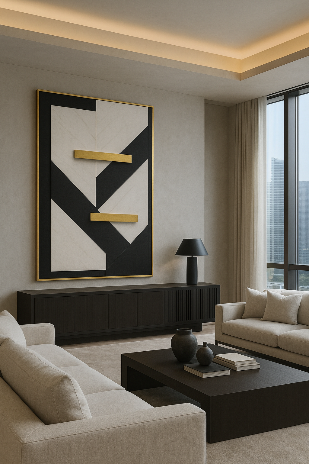 Modern Geometric Luxury Art | Black, White & Gold Minimalist Masterpiece