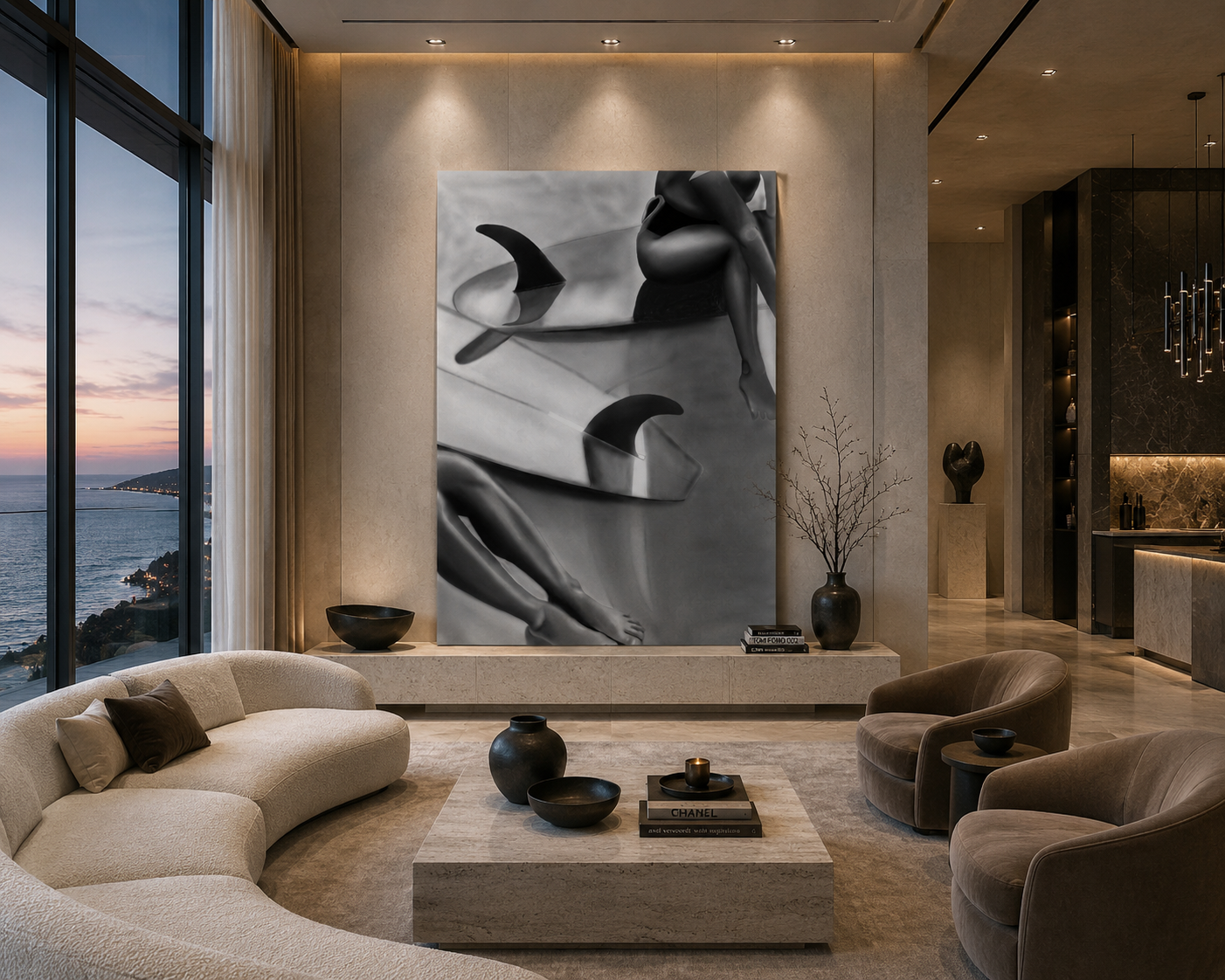 Tidal Veil — Black & White Coastal Figure Art