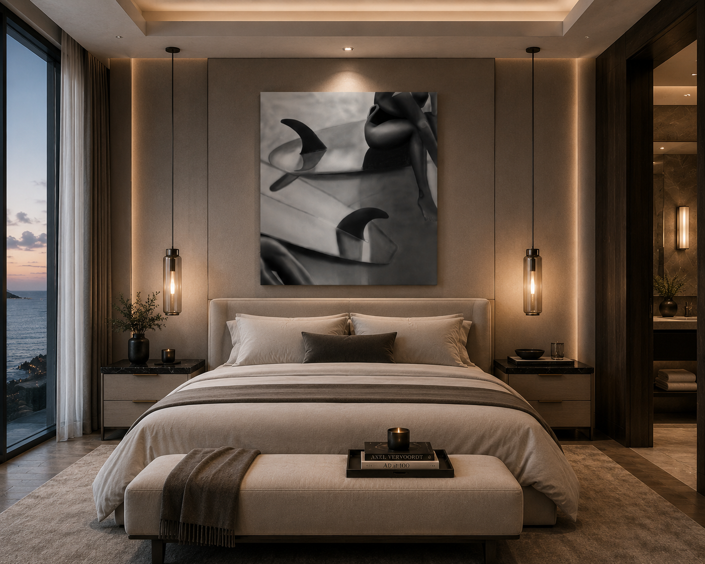 Tidal Veil — Black & White Coastal Figure Art