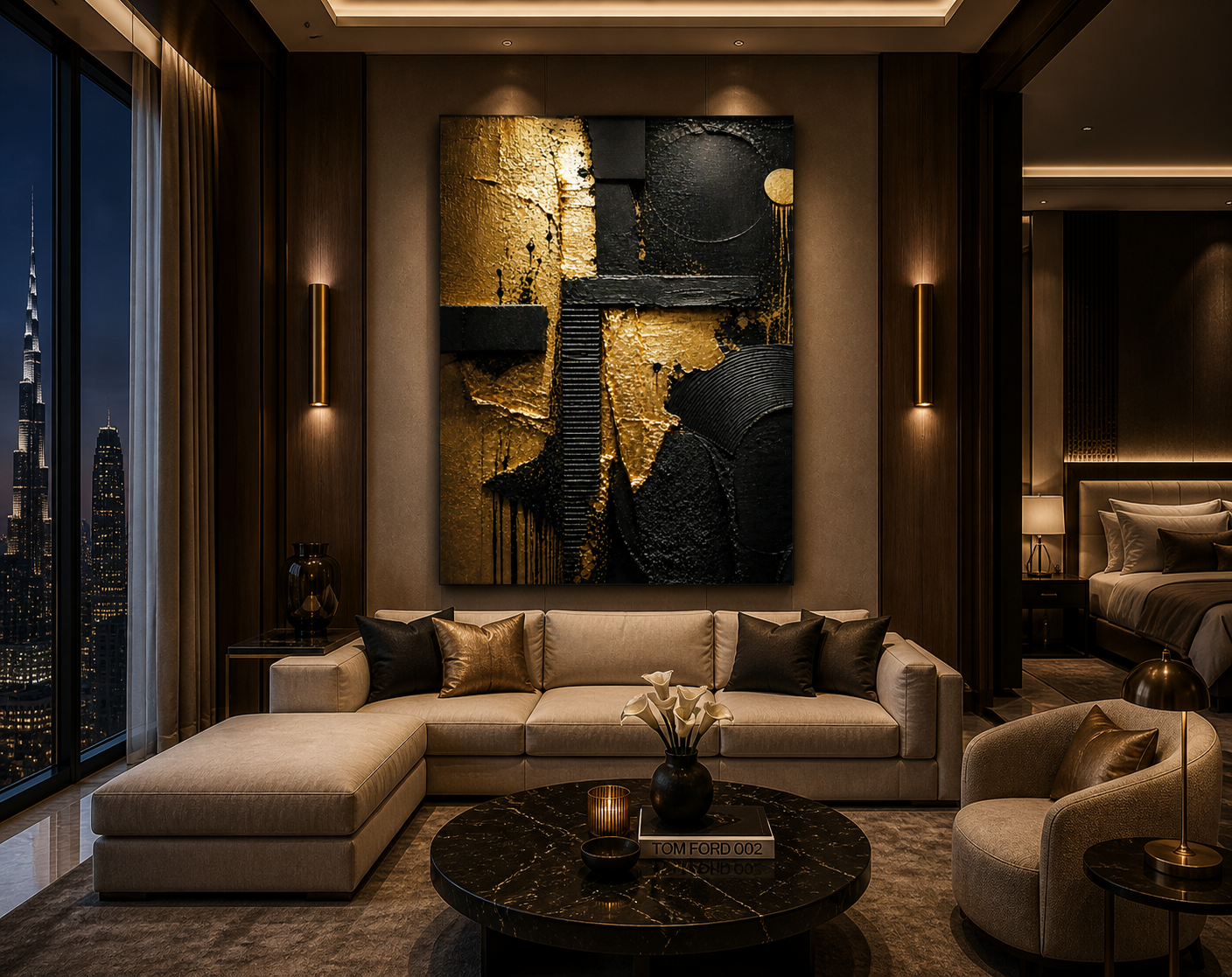 Noir Composition — Black & Gold 3D Abstract Art
