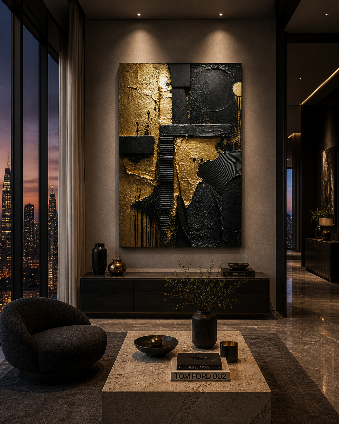 Noir Composition — Black & Gold 3D Abstract Art