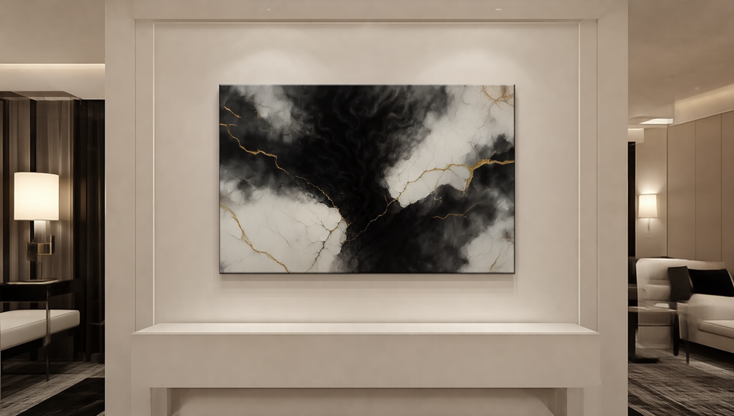 Golden Fracture — Luxury Black, White & Gold Abstract Fine Art